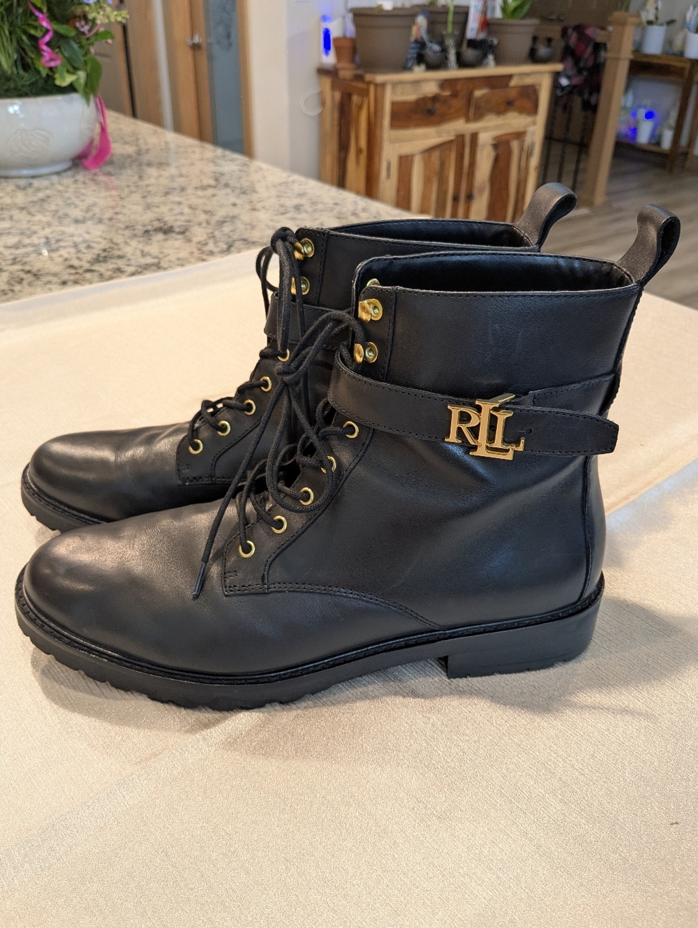 Ralph Lauren Black Leather Lace-Up Combat Boots with Gold RL Accent Women's 11